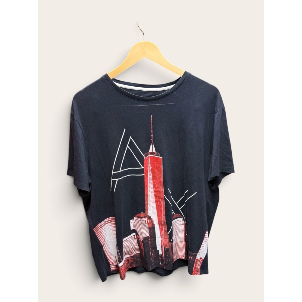 Armani Exchange Mens XL Pima Cotton NYC Skyline Graphic Tee Navy Blue Regular